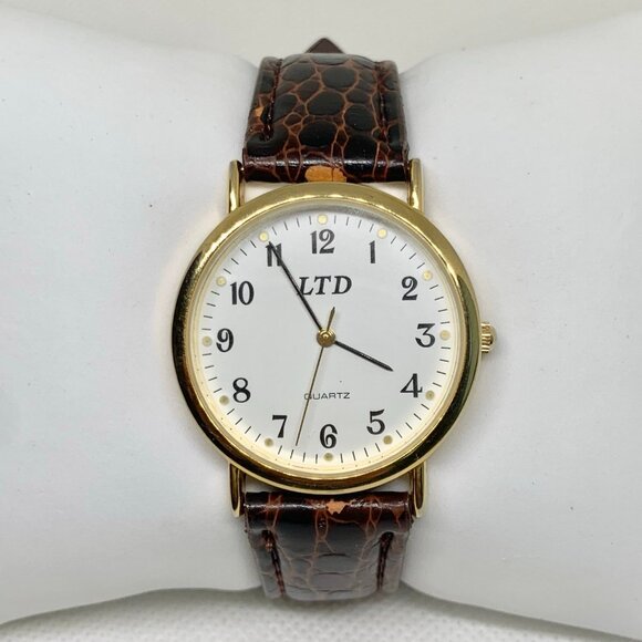 Vintage LTD men gold tone watch 33mm quartz analog brown leather running - Picture 1 of 8